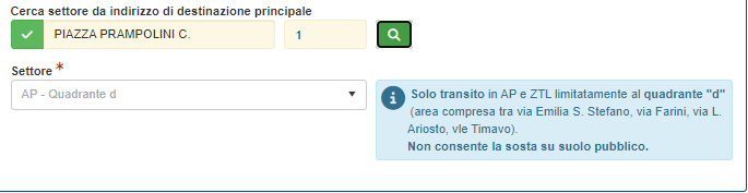 Pass - inserimento indirizzo per il settore